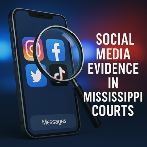 A smartphone displaying Instagram, Facebook, and TikTok icons, with a magnifying glass hovering over the screen and the words: “SOCIAL MEDIA EVIDENCE IN MISSISSIPPI COURTS”